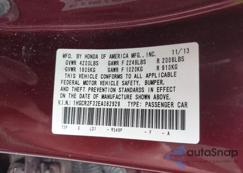 2014 Honda Accord Lx z USA, uszkodzony, nr VIN 1HGCR2F32EA082929